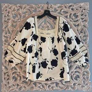 Maurices black cream floral square neck crochet trim peasant top 100% cotton XL